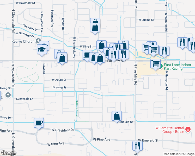map of restaurants, bars, coffee shops, grocery stores, and more near 1321 North Lilly Avenue in Boise