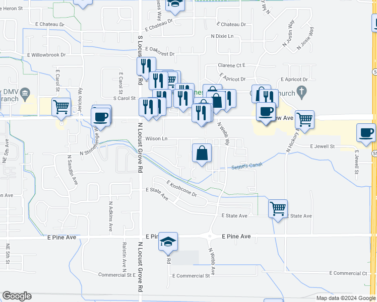 map of restaurants, bars, coffee shops, grocery stores, and more near 1931 East Wilson Lane in Meridian