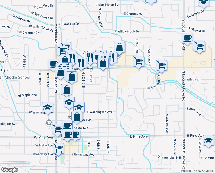 map of restaurants, bars, coffee shops, grocery stores, and more near 1425 North East 5th Avenue in Meridian