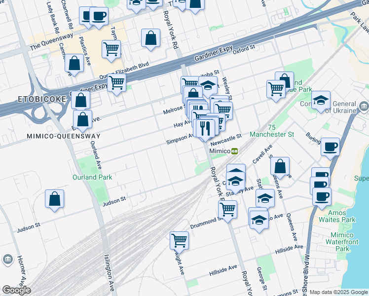 map of restaurants, bars, coffee shops, grocery stores, and more near in Toronto