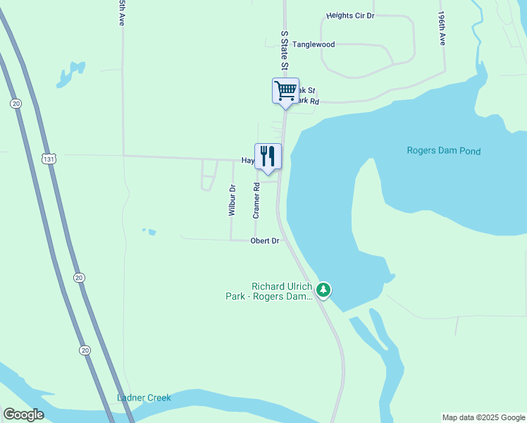 map of restaurants, bars, coffee shops, grocery stores, and more near 10350 Cramer Road in Big Rapids