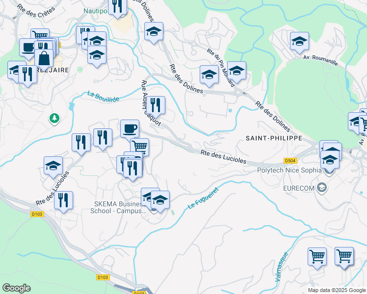 map of restaurants, bars, coffee shops, grocery stores, and more near Route des Lucioles in Biot