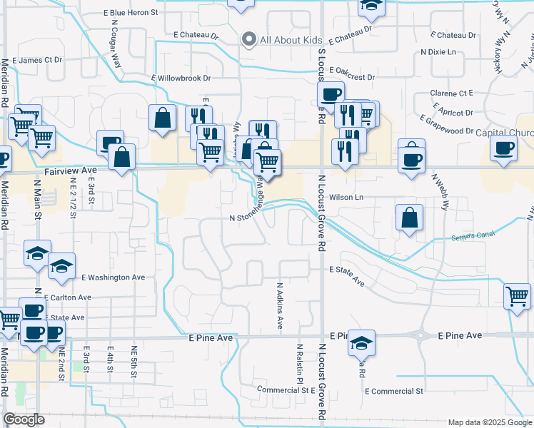 map of restaurants, bars, coffee shops, grocery stores, and more near 1312 North Penn Station Lane in Meridian