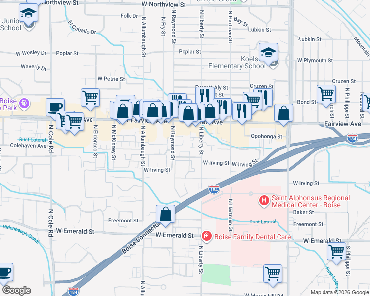 map of restaurants, bars, coffee shops, grocery stores, and more near 1416 North Raymond Street in Boise