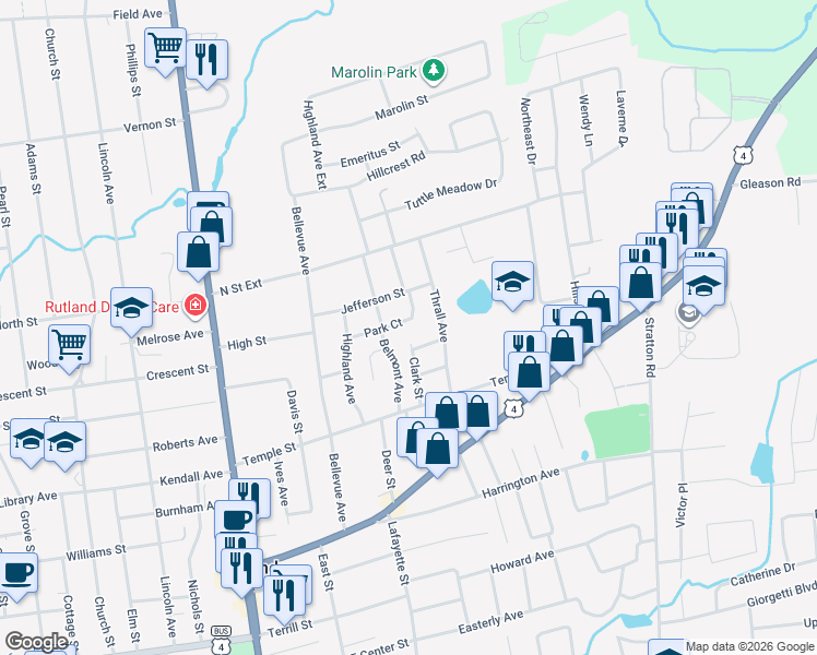 map of restaurants, bars, coffee shops, grocery stores, and more near 18 Clark Street in Rutland
