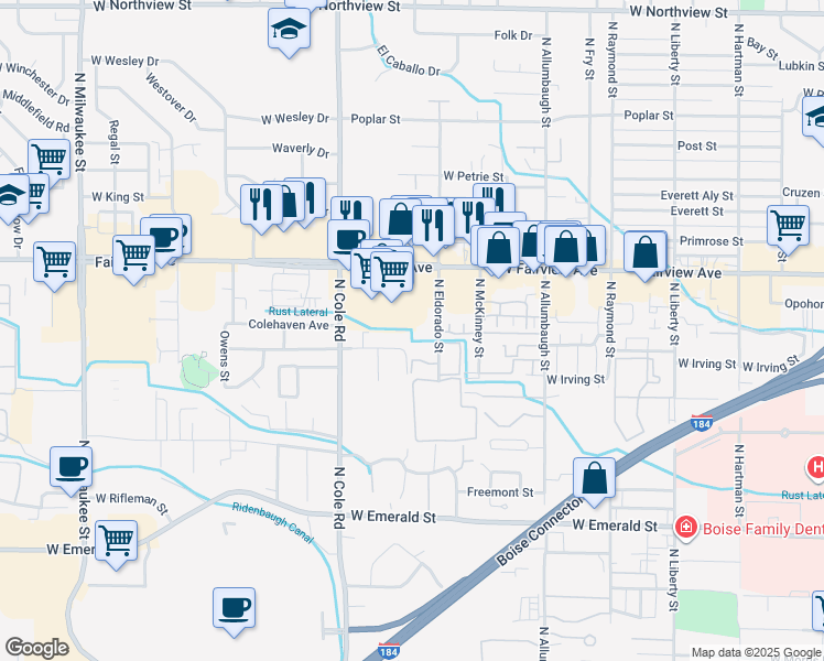 map of restaurants, bars, coffee shops, grocery stores, and more near 1405 North Eldorado Street in Boise