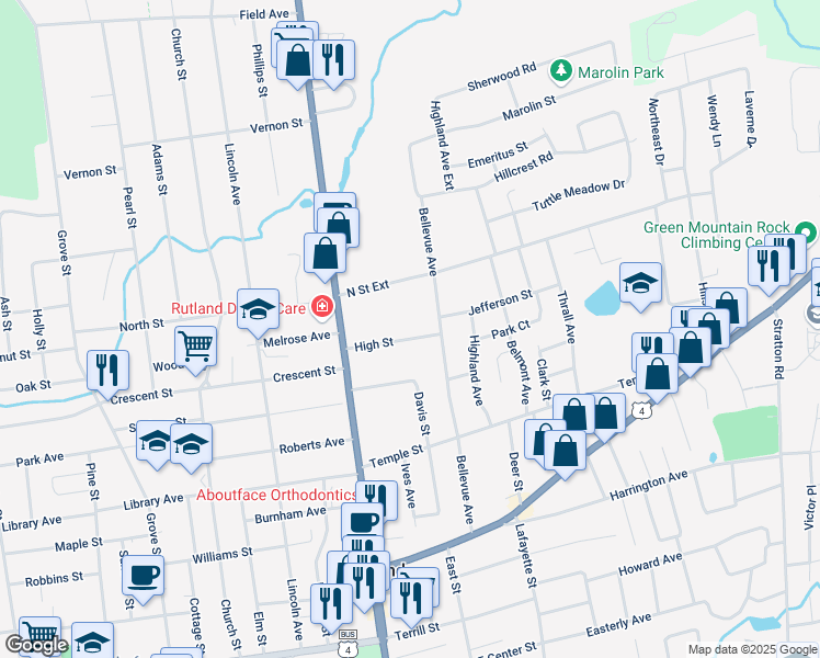 map of restaurants, bars, coffee shops, grocery stores, and more near 34 High Street in Rutland
