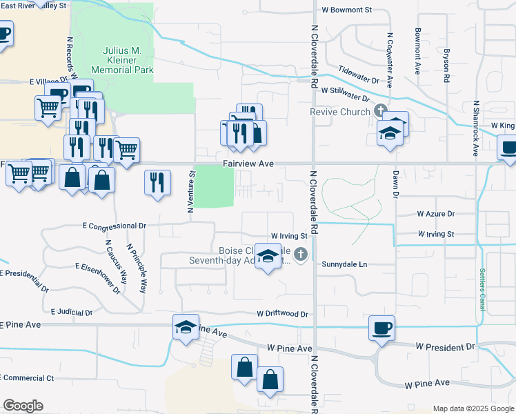 map of restaurants, bars, coffee shops, grocery stores, and more near 12505 West Azure Street in Boise