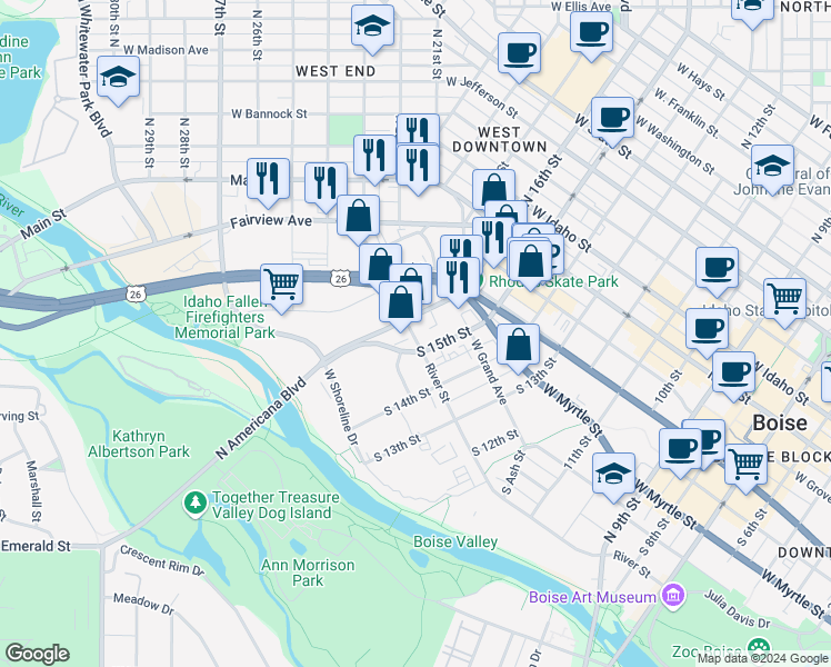 map of restaurants, bars, coffee shops, grocery stores, and more near 610 South Americana Boulevard in Boise