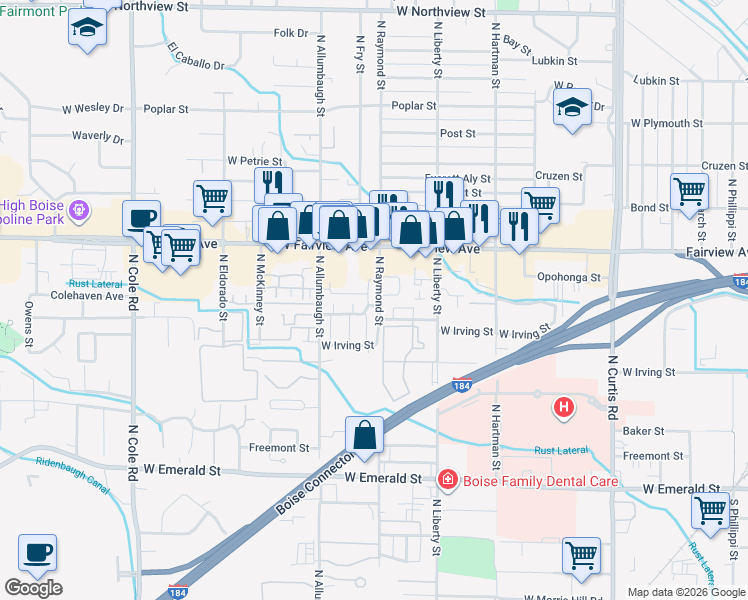 map of restaurants, bars, coffee shops, grocery stores, and more near 1319n West Irving Street in Boise