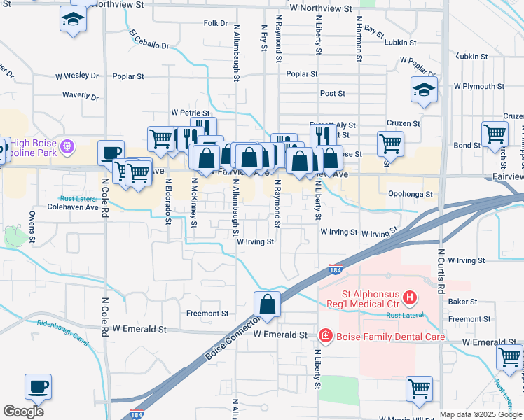 map of restaurants, bars, coffee shops, grocery stores, and more near 6703 West Colehaven Drive in Boise