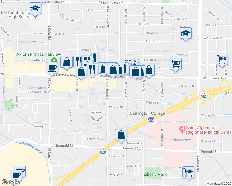 map of restaurants, bars, coffee shops, grocery stores, and more near 6703 West Colehaven Drive in Boise
