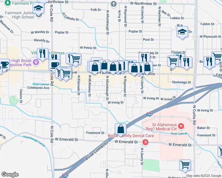 map of restaurants, bars, coffee shops, grocery stores, and more near 6703 West Colehaven Drive in Boise