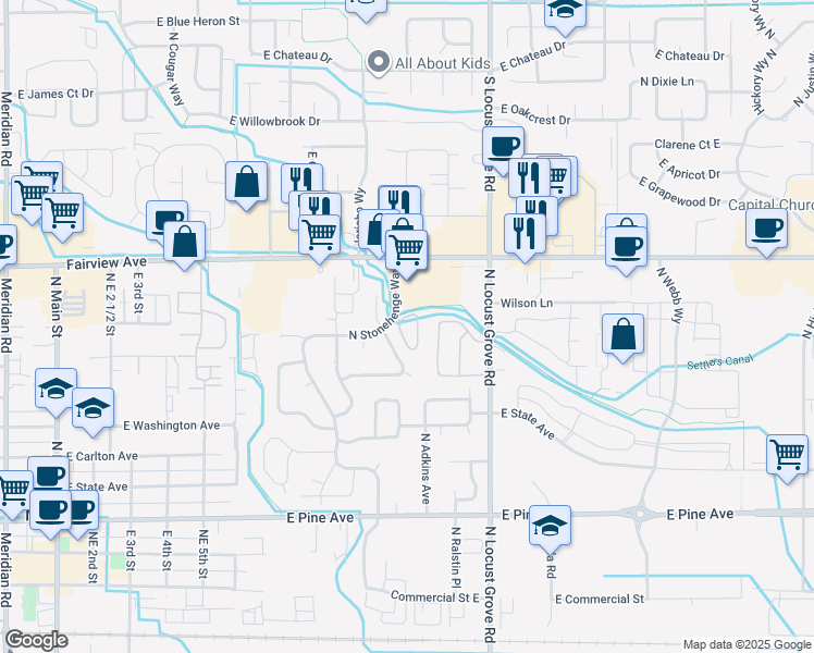 map of restaurants, bars, coffee shops, grocery stores, and more near 1312 North Penn Station Lane in Meridian