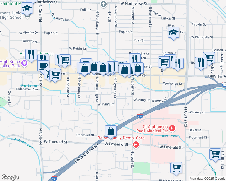 map of restaurants, bars, coffee shops, grocery stores, and more near 1319n West Irving Street in Boise