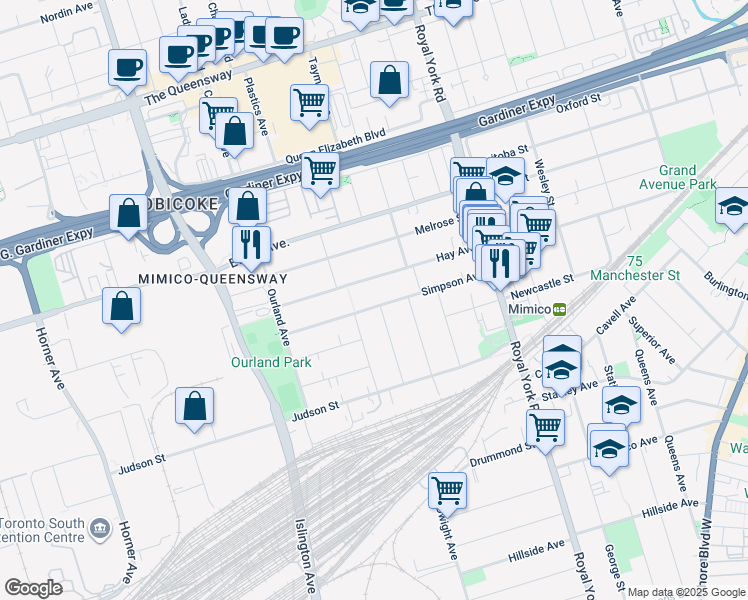 map of restaurants, bars, coffee shops, grocery stores, and more near in Toronto