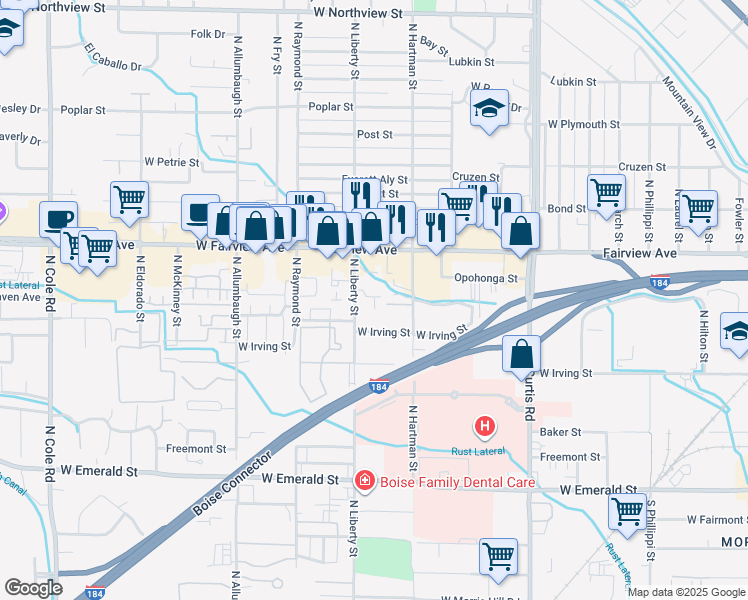map of restaurants, bars, coffee shops, grocery stores, and more near 1318 North Liberty Street in Boise
