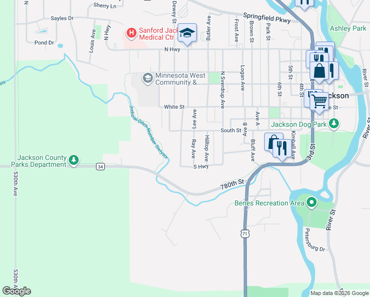 map of restaurants, bars, coffee shops, grocery stores, and more near 145 Ray Avenue in Jackson