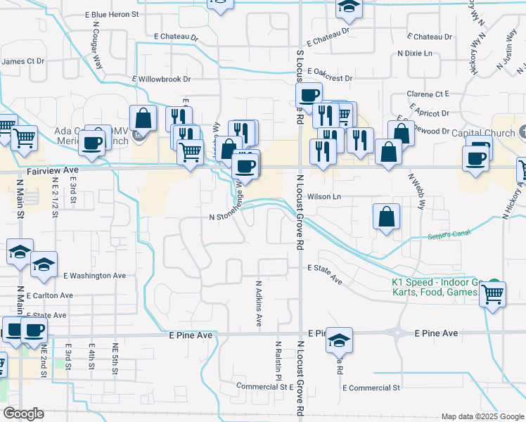 map of restaurants, bars, coffee shops, grocery stores, and more near 1395 North Gallant Lane in Meridian