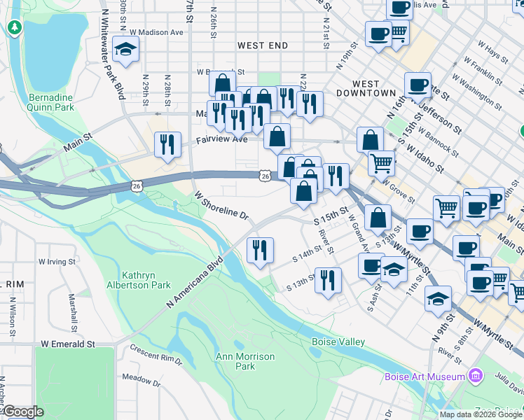 map of restaurants, bars, coffee shops, grocery stores, and more near 1649 Shoreline Drive in Boise