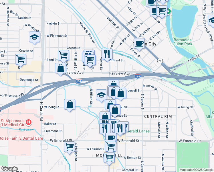 map of restaurants, bars, coffee shops, grocery stores, and more near 1365 North Orchard Street in Boise