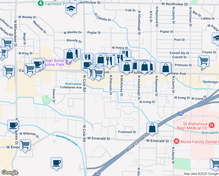 map of restaurants, bars, coffee shops, grocery stores, and more near 1327 North Eldorado Street in Boise