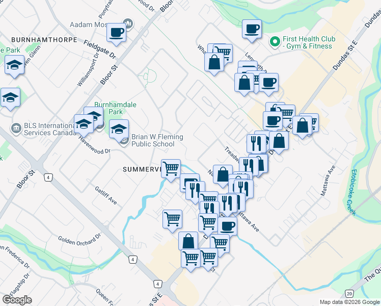 map of restaurants, bars, coffee shops, grocery stores, and more near 3137 Sunnyhill Drive in Mississauga