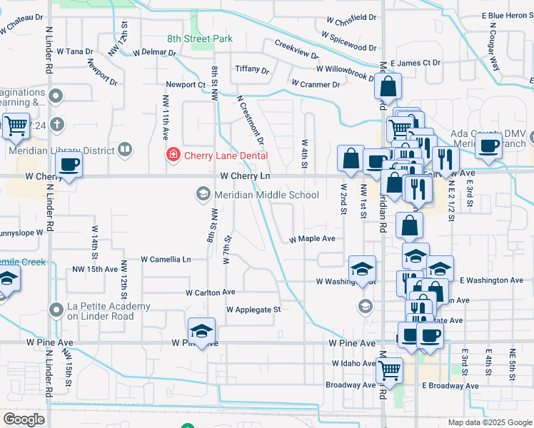map of restaurants, bars, coffee shops, grocery stores, and more near 1360 North Crestmont Drive in Meridian