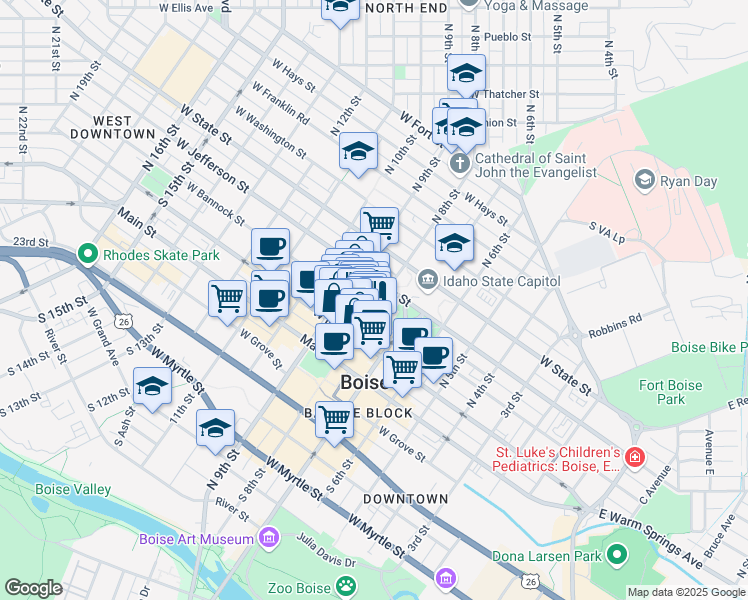 map of restaurants, bars, coffee shops, grocery stores, and more near 298 North 8th Street in Boise