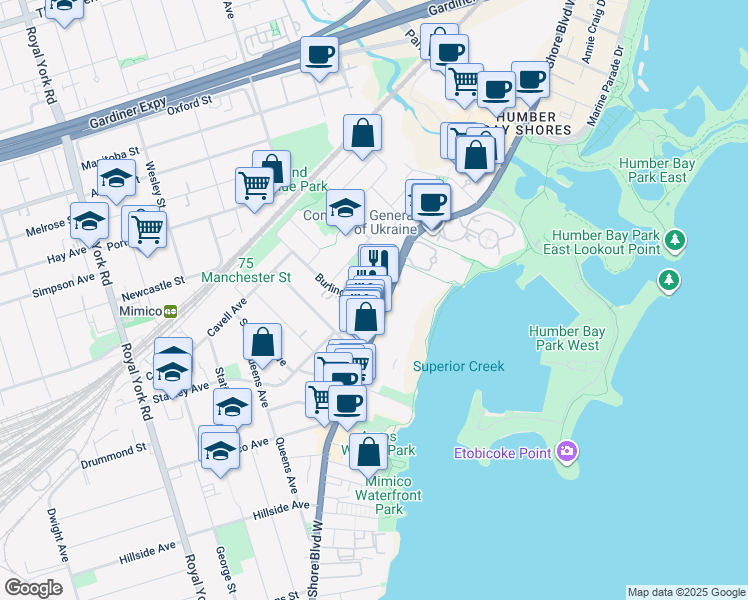 map of restaurants, bars, coffee shops, grocery stores, and more near 2358 Lake Shore Boulevard West in Toronto
