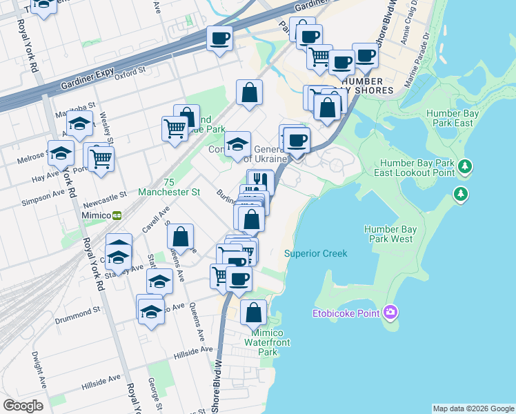map of restaurants, bars, coffee shops, grocery stores, and more near 2318 Lake Shore Boulevard West in Toronto