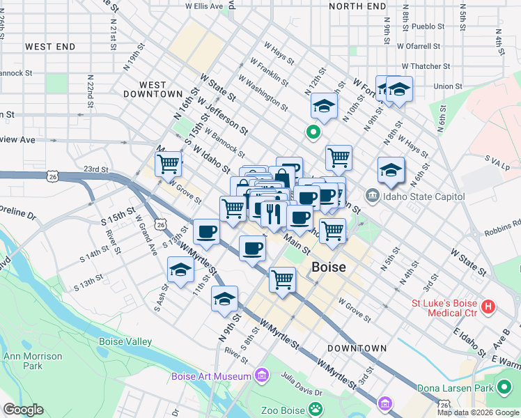 map of restaurants, bars, coffee shops, grocery stores, and more near in Boise