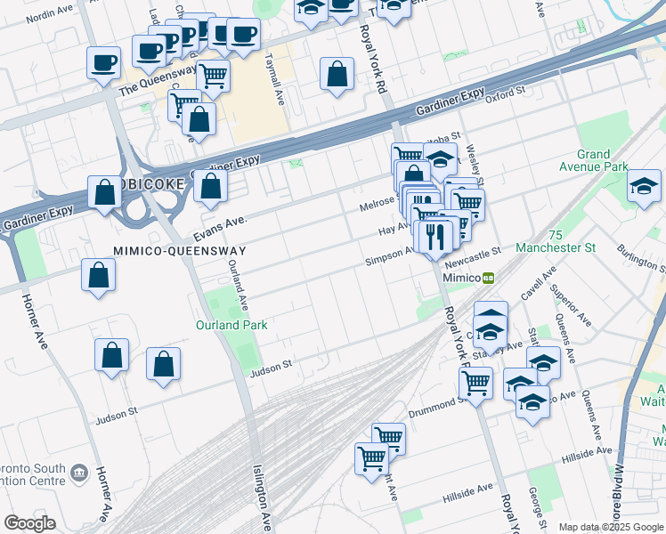 map of restaurants, bars, coffee shops, grocery stores, and more near 96 Simpson Avenue in Toronto
