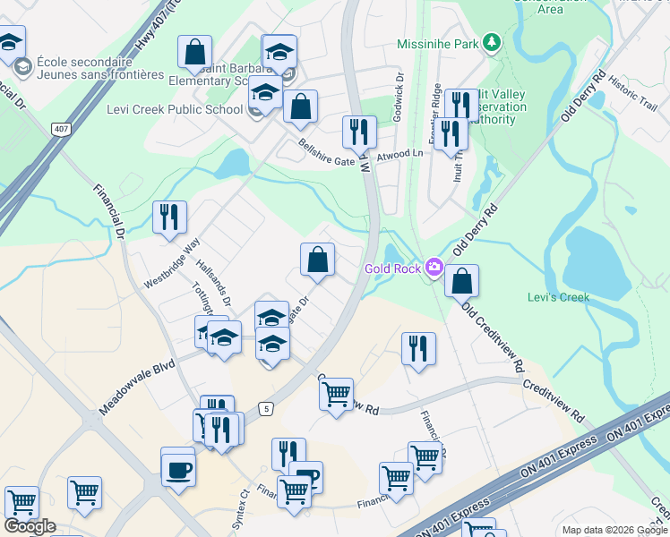 map of restaurants, bars, coffee shops, grocery stores, and more near 7101 Branigan Gate in Mississauga