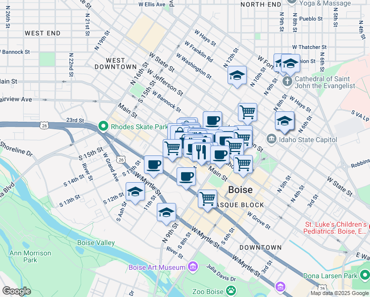 map of restaurants, bars, coffee shops, grocery stores, and more near in Boise