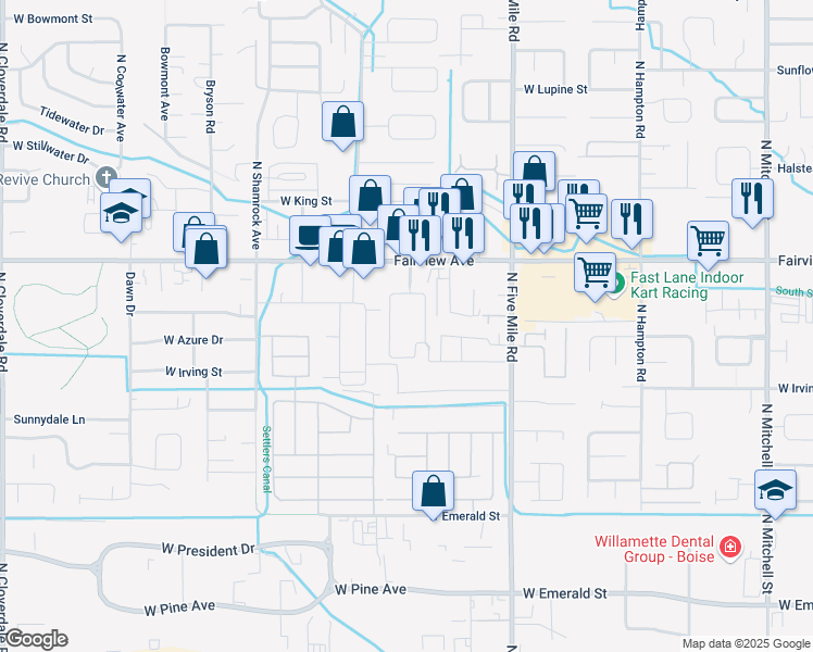 map of restaurants, bars, coffee shops, grocery stores, and more near 1332 North Cormorant Place in Boise