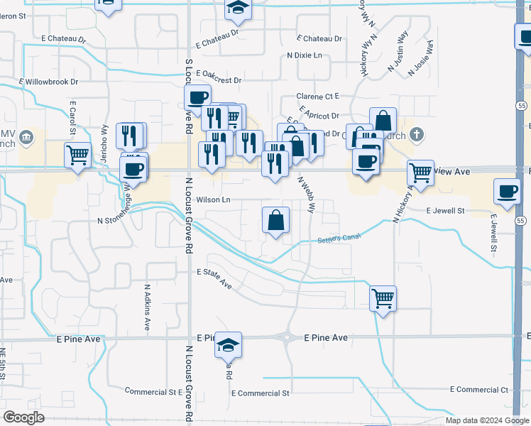 map of restaurants, bars, coffee shops, grocery stores, and more near 1931 East Wilson Lane in Meridian