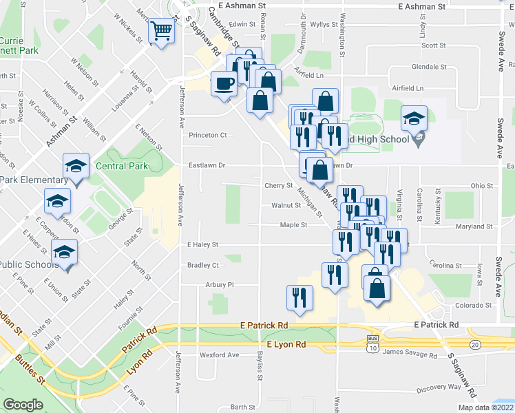 map of restaurants, bars, coffee shops, grocery stores, and more near 2102 Bayliss Street in Midland