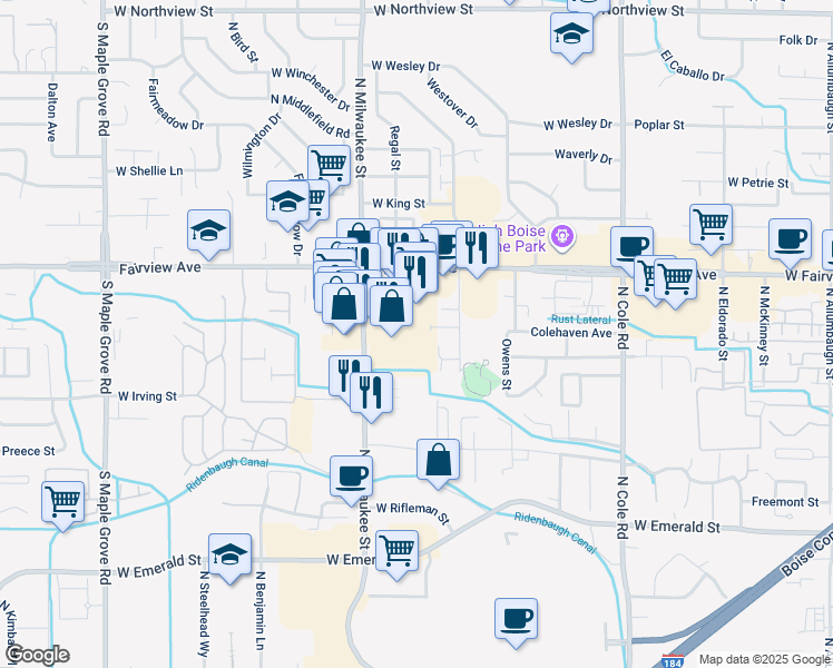 map of restaurants, bars, coffee shops, grocery stores, and more near 1339 North Frazier Place in Boise