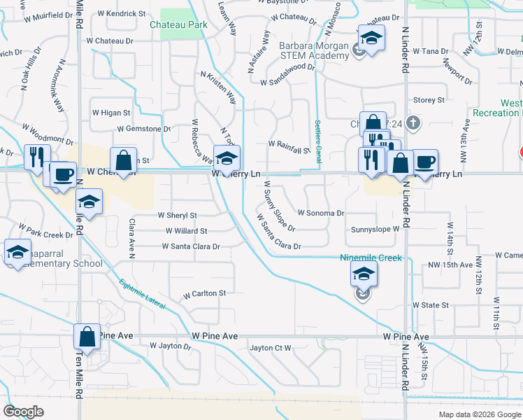 map of restaurants, bars, coffee shops, grocery stores, and more near 2305 West Santa Clara Drive in Meridian
