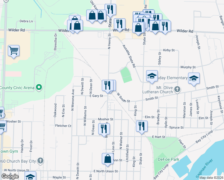 map of restaurants, bars, coffee shops, grocery stores, and more near 1400-1498 N Henry St in Bay City
