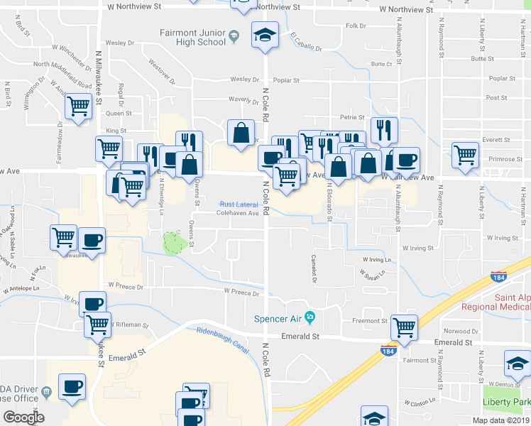 map of restaurants, bars, coffee shops, grocery stores, and more near 6682 Colehaven Avenue in Boise