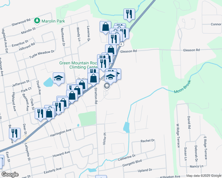 map of restaurants, bars, coffee shops, grocery stores, and more near 22 Stratton Road in Rutland
