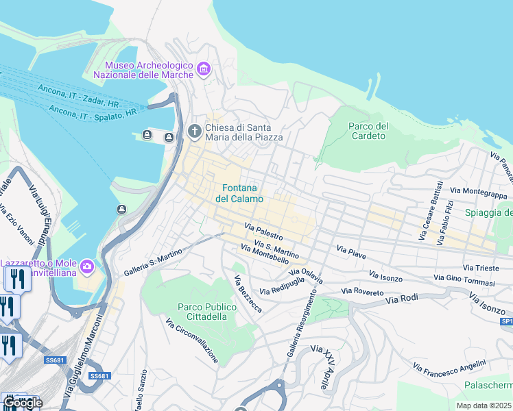 map of restaurants, bars, coffee shops, grocery stores, and more near 58-60 Corso Stamira in Ancona