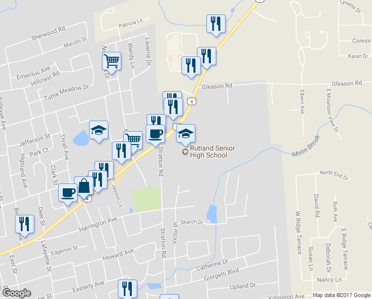 map of restaurants, bars, coffee shops, grocery stores, and more near 22 Stratton Road in Rutland