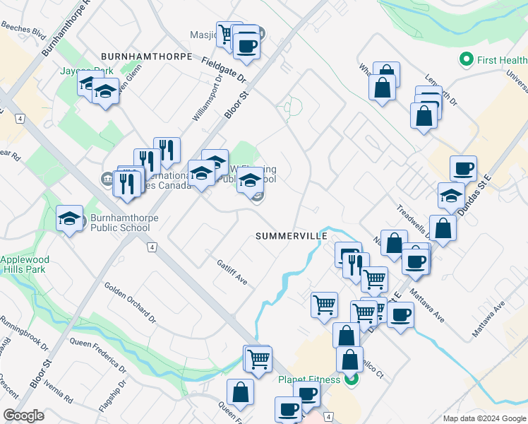 map of restaurants, bars, coffee shops, grocery stores, and more near 3237 Havenwood Drive in Mississauga