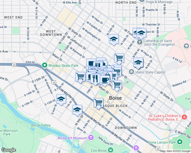 map of restaurants, bars, coffee shops, grocery stores, and more near 961 West Idaho Street in Boise