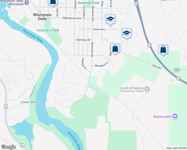 map of restaurants, bars, coffee shops, grocery stores, and more near 106 Bowman Road in Wisconsin Dells
