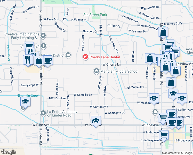 map of restaurants, bars, coffee shops, grocery stores, and more near 1507 West 8th Street in Meridian