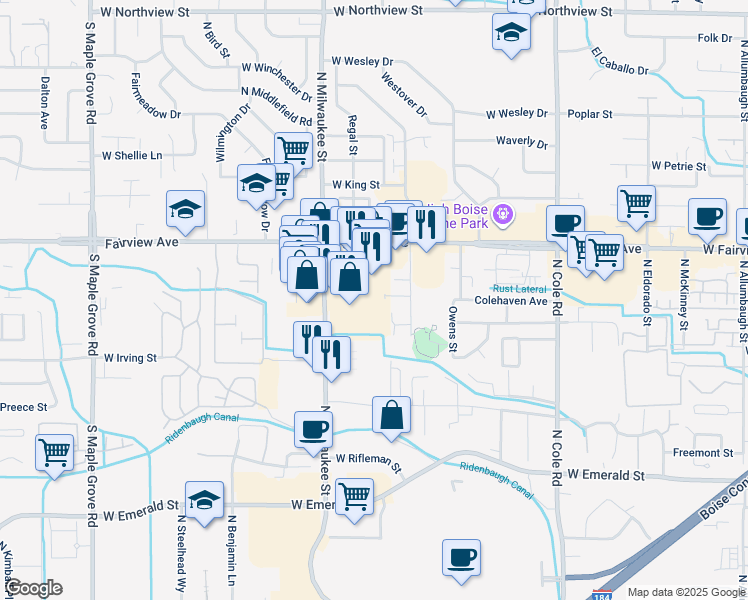 map of restaurants, bars, coffee shops, grocery stores, and more near 1339 North Frazier Avenue in Boise